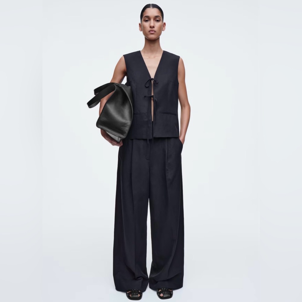 COS black linen pleated wide leg pants 4 NWT